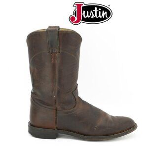 Brown Cowboy Boots Size 10 JUSTIN Vintage Leather Mid Calf Flat Western Boots